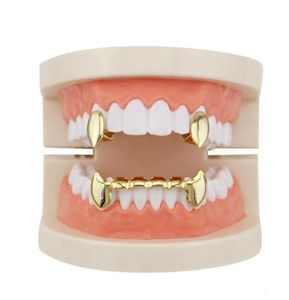 Hele glanzende koper tandheelkundige grillz punk vampire canine tanden sieraden set hiphop vrouwen mannen goud vergulde grills accessoires3692560