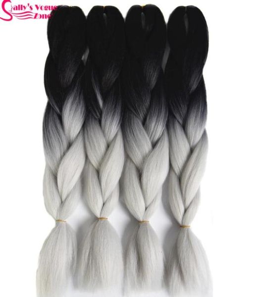 Extension de cheveux synthétiques en fibre haute température entière Ombre Tressage cheveux 2 tons noir argent gris couleur Sallyhair 24 pouces Jum6229844