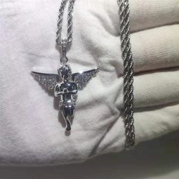 Collar con colgantes de pequeño ángel para hombre, joyería de rapero con cadena de cuerda de 24 pulgadas, Hip Hop CZ, piedra pavimentada, ostentosa, Ice Out, 245J