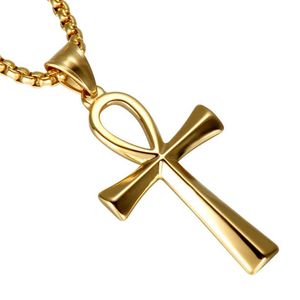 Hanche entière la croix de la vie pendentif colliers couleur or en acier inoxydable collier égyptien pour hommes bijoux 273a