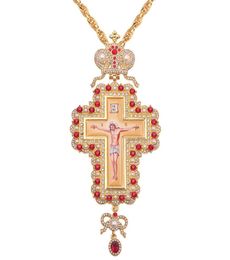Intero luppolo Collana lunga 120 cm Collana con croce di cristallo di perle Colore oro Smalto pettorale ortodosso Vescovo Encolpion Croce per Bish6980210