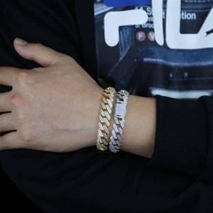 Pulsera entera de Hip Hop para hombres helados de 15 mm de ancho Sparking Bling Dos hileras de circonio cúbico Cadena de eslabones cubanos Hip Hop Men Boy Rock Bra202o