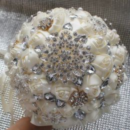 Hele Ivoor Crème Broche Boeket Bruidsboeket de mariage Polyester Bruidsboeketten Parel Bloemen buque de noiva214m