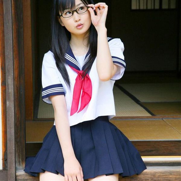 Uniforme d'écolière japonaise entière 3 barre blanche à manches courtes écharpe rouge costume de marin cosplay JK uniforme vêtements women228B