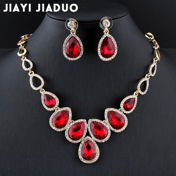 Conjunto de joyería africana jiayijiaduo, conjunto de collar y pendientes de cristal de color dorado para mujer, joyería de boda de cristal rojo 2675