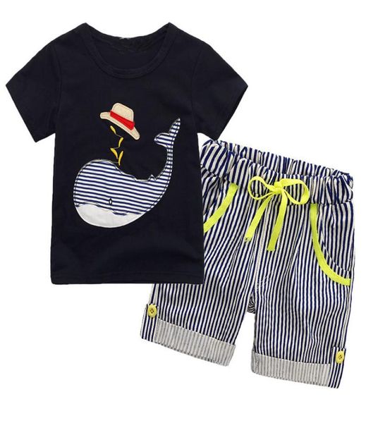 Vêtements de marque pour enfants entiers garçons été garçon INS chapeau de baleine costume à rayures dessin animé dinosaure à manches courtes t-shirt short costume bébé 7254352