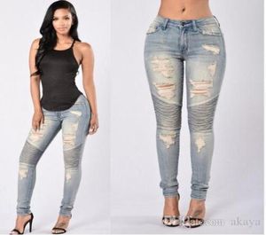 Dames entières Stretch déchiré Sexy jean maigre femmes taille haute coupe ajustée pantalon en jean mince Denim droit Biker Skinny Rippe4493552