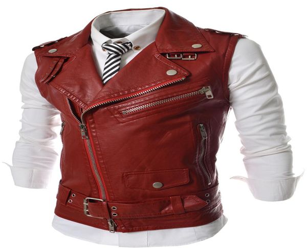 Gilet de moto en cuir entier Gilet en cuir noir pour homme Gilet rouge Steampunk Rock Slim Fit Zipper Veste sans manches XXL2815057