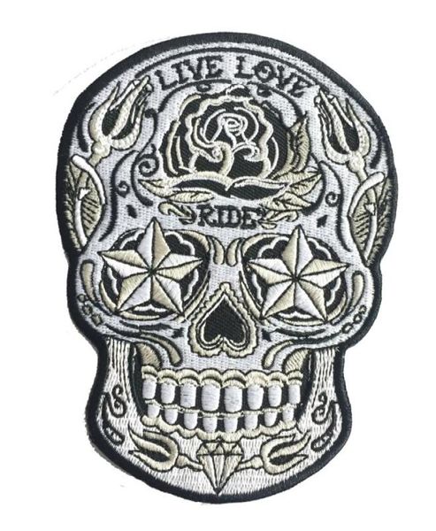 Todo LIVE LOVE RIDE Sugar Skull Parche bordado Hierro en chaqueta Chaleco Bordar Insignia DIY Apliques Bordado Emblema 5quot 4198140