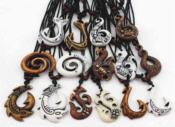 Lot entier 15 pièces bijoux hawaïens mixtes Imitation os sculpté NZ Maori hameçon pendentif collier ras du cou amulette cadeau MN542 H22040921574995