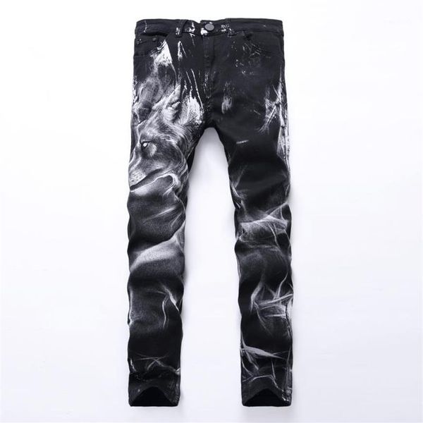 Hommes entiers impression jean genou 3D imprimé noir Rap Biker jean hommes Hip Hop lâche mince loup jean maigre pour hommes Denim pantalon Pl324Y