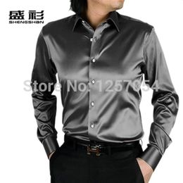 Chemise en soie argentée pour hommes, chemise à manches longues en satin de soie brillant noir, chemises de smoking 201C