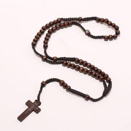 Hommes entiers femmes catholiques Christ en bois 8 mm Roada Perle croix croix Collier à corde tissée Blackbrownbeigeligt Brown8567946