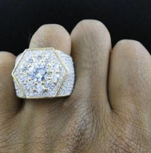 Whole Men039s Iced Out Cumbic Zircon Bling Ring Gold Color Hexagon Full CZ Jewelry Micro pavé Iced Out Cumbic Zircon Anneaux 9825997
