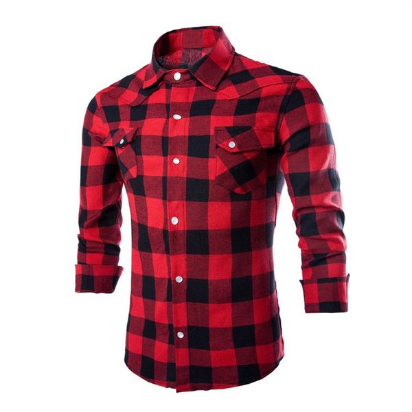 Whole-Moda para hombre Causal Plaids Cheques Camisas Manga larga Turn Down Collar Slim Fits Camisas de moda Tops Negro Rojo Blanco XXL291o