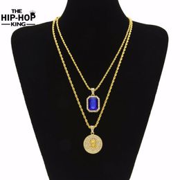 Ensemble de collier avec pendentif en forme de visage de jésus rouge rubis pour hommes, ensemble de colliers en alliage de Zinc de haute qualité glacé, bijoux Hip Hop, nouveau Arri240u