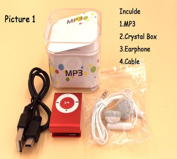 Factory de lecteur mp3 de mini-clip entier est livré avec Crystal Box Elecphones Câble USB Prise en charge de la carte TF Micor SD Card8043587