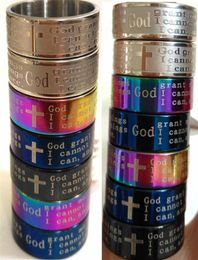 Lot de mélange entier 100 pièces hommes femmes coloré anglais prière de sérénité en acier inoxydable Dieu anneaux Bible bijoux religieux 244A8566533
