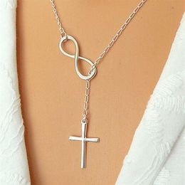 Whole-N606 Personnalité Infinity Cross Lariat Pendentif Colliers Argent Plaqué Européen Collares Collier Forever Faith Necklace276e