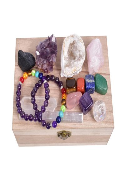 Cabrice de grava de cristal natural entera Caja de madera de piedra curativa encanto 7 chakra Stones Kit para meditación 8717890