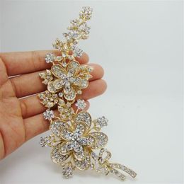 Hele - Nieuwe Elegante Luxe Rose Lange Bloem Blad Gouden Plaat Art Nouveau Broche Pin Helder Strass Crystal251u