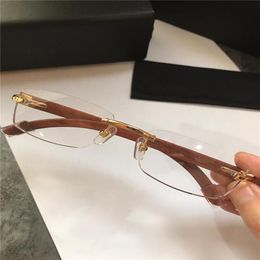 Ganz neues Modedesign, optische rahmenlose Brille, Retro-transparente Linse, Holzbeine, einfacher Business-Stil, Top-Qualität2140