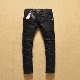 Tout nouveau hommes genou plis ciré eau Locomotive noir skinny pantalon jeans haute qualité pantalon droit 219J