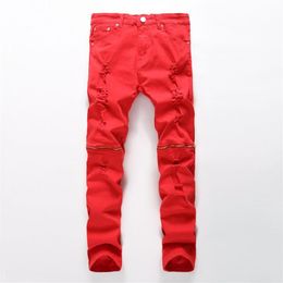 Hele-nieuwste mannen gescheurde jeans rood zwart wit rits hip hop jeans heren punk rock noodlijdende biker jeans elastische denim broek p3308