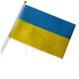 Hele polyester vlaggen 14 21 cm Oekraïne vlag met plastic paal klein formaat zijde afdrukken vlaggen fabriek direct 100 STKS LOT281p