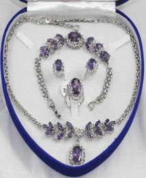 ganze hübsche lila Kristall Silber Halskette Armband Ohrringe Ring Edelstein Schmuck Sets6417308