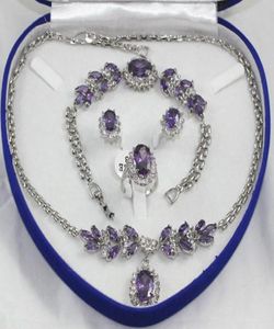 hele mooie paarse kristal zilveren ketting armband oorbellen ring edelsteen sieraden sets6799481