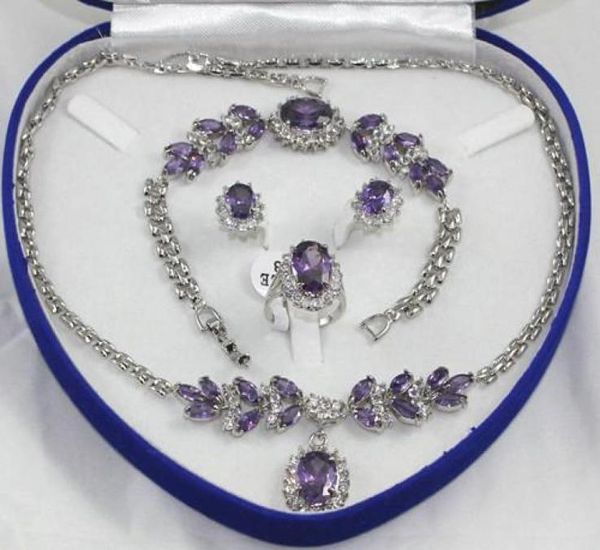 Ensemble joli collier en argent cristal violet, boucles d'oreilles, bague, bijoux en pierres précieuses, ensembles 3397192