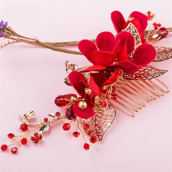 Peineta para el pelo de flor roja entera, accesorios para el cabello para fiesta de boda, peines para novia con hojas doradas, joyería para mujer 231D