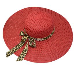 Chapeau de soleil ajouré décoré de nœud papillon de ruban léopard exquis d'été rouge entier pour les femmes 7930429
