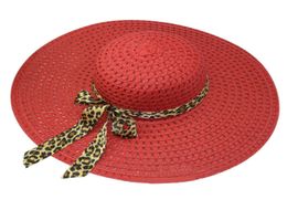 Chapeau de soleil ajouré décoré avec nœud papillon, ruban léopard exquis d'été rouge entier pour femmes 1465056