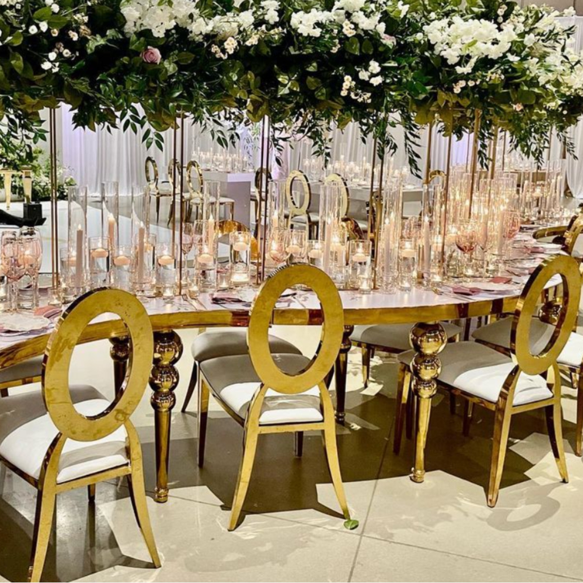Vendita all'ingrosso Ring Wedding Chair Sedie in acciaio inossidabile dorato per cerimonie nuziali all'aperto