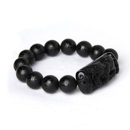 Bracelet en pierre d'obsidienne naturelle noire, Scrab entier, Six mots, perles de bouddha, Bracelets Pixiu pour hommes et femmes, bijoux de bénédiction à la mode B242L