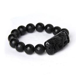 Bracelet en pierre d'obsidienne naturelle noire, Scrab entier, Six mots, perles de bouddha, Bracelets Pixiu pour hommes et femmes, bijoux de bénédiction à la mode B187g