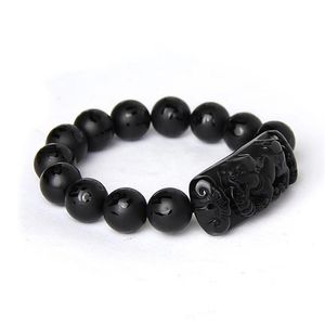 Bracelet en pierre d'obsidienne naturelle noire, Scrab entier, Six mots, perles de bouddha, Bracelets Pixiu pour hommes et femmes, bijoux de bénédiction à la mode B268Z