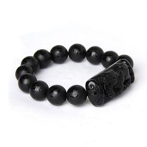 Bracelet en pierre d'obsidienne naturelle noire, Scrab entier, Six mots, perles de bouddha, Bracelets Pixiu pour hommes et femmes, bijoux de bénédiction à la mode B209y