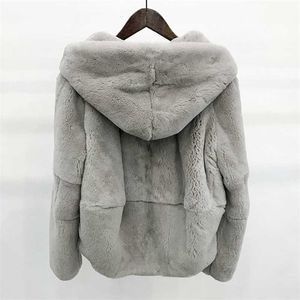 Hele huid natuurlijke reële rex bontjas kleding vrouwen winter hooded korte jas lange mouwen bovenkleding jas groot formaat 210927