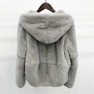 Hele huid natuurlijke reële rex bontjas kleding vrouwen winter hooded korte jas lange mouwen bovenkleding jas grote maat 211019
