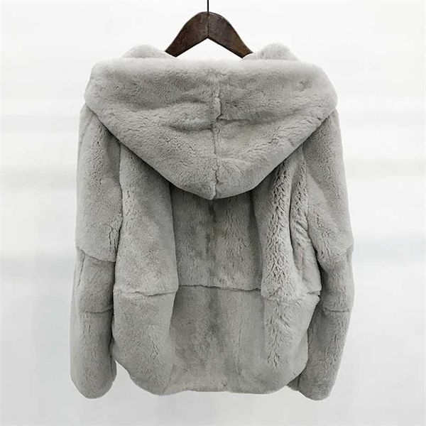 peau entière naturel réel manteau de fourrure de Rex vêtements femmes hiver à capuche veste courte à manches longues survêtement manteau grande taille 211019