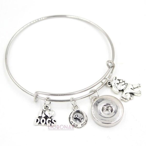 Bouton entier bouton bijoux animal animal animal de compagnie I Love Dogs Charms Bracelet Wire Bangle Snap Button Bracelets For Dog Lover Gift2453
