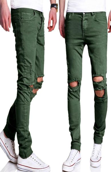 Pantalones rasgados rectos enteros para hombre 2017 Nuevos pantalones vaqueros ajustados verdes de Hip Hop para hombre Pantalones vaqueros ajustados para motorista Homme pantalones casuales Trouser5895683