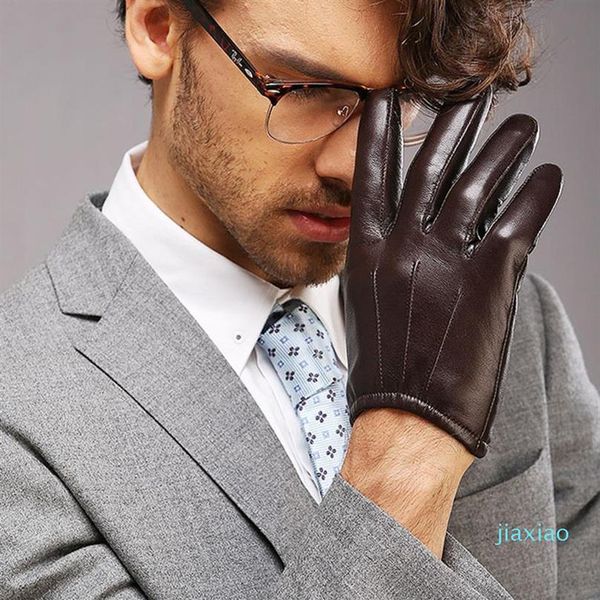 Tout haut mode hommes gants en cuir véritable poignet gant en peau de mouton pour homme mince hiver conduite cinq doigts précipité M017PQ2597