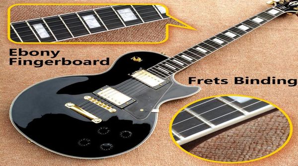 Toda la calidad superior LP Custom Shop Color negro Guitarra eléctrica Diapasón de ébano Trastes de encuadernación Hardware dorado6507452