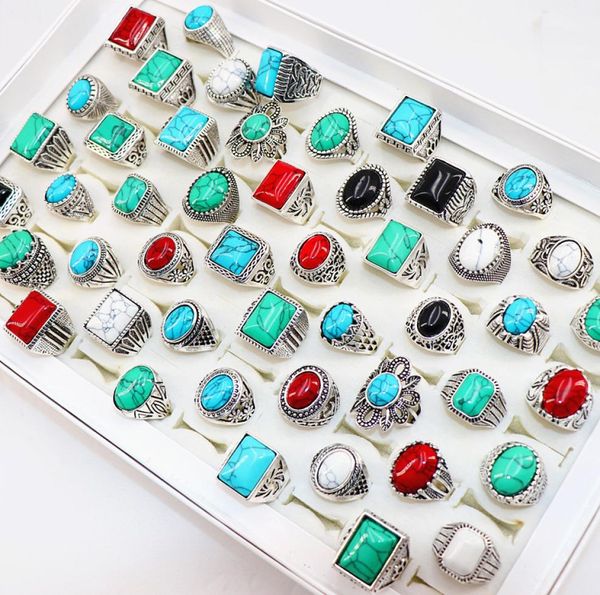 Bagues en pierre Turquoise entière, bijoux Vintage en argent Antique pour hommes et femmes, cadeau Ring9065025
