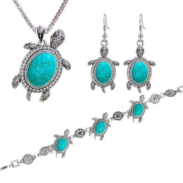 tortue entière bracelet boucle d'oreille tortue de mer pendentif bracelet à breloques Bijoux 3pcs Setplaque d'argent Single Piece269W