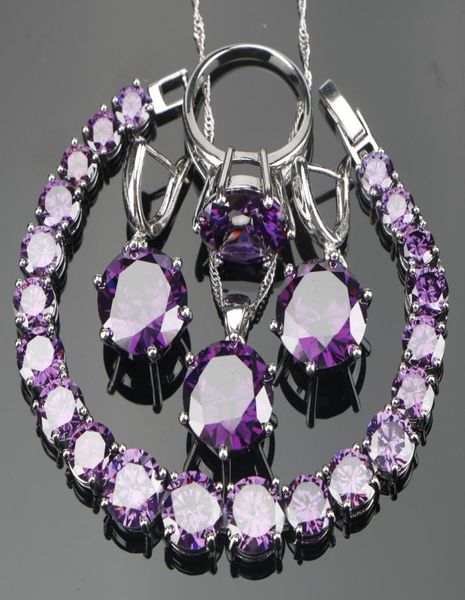 Mariage entier Purple Zircon Silver 925 Bijoux Boucles d'oreilles Boucles d'oreilles avec des pierres PendantNecklace Set Bijoux Gift B8509044